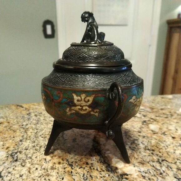 Antique Chinese Cloisonné Enamel Bronze Dynasty Handle Incense Burner Censer Foo - Picture 3 of 12